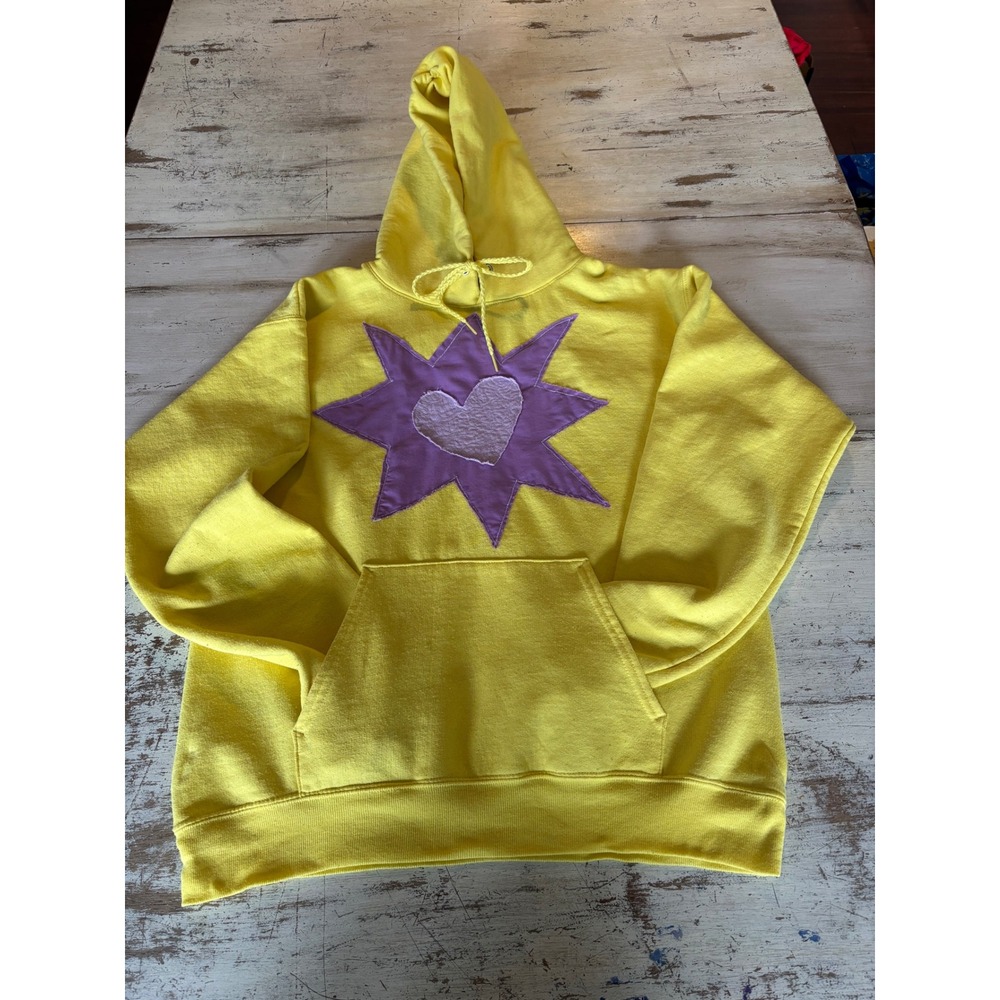 HANES hoodie unisex small yellow purple star heart patch pullover ecoSmart